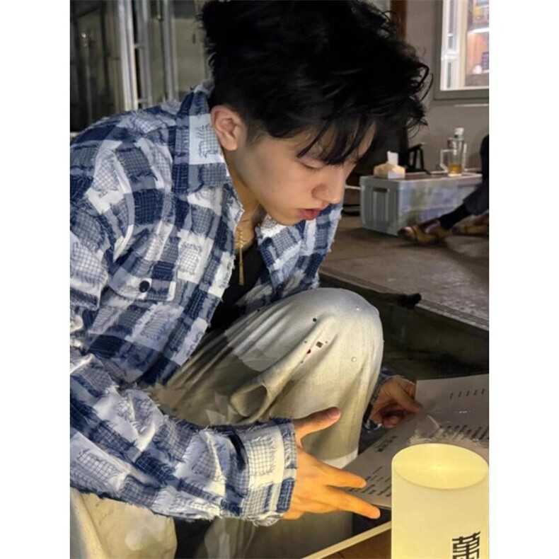 【有货】蓝白格子破坏流苏长袖衬衫休闲衬衣外套CS340特P53,男装衬衫,星座908-1
