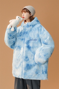 216-BK100-P128 女类 2021中性男女扎染连帽仿皮草外套 控148图片