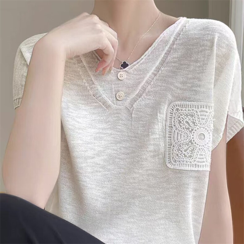 夏季新款竹节麻针织短袖t恤上衣V领设计感洋气休闲显瘦冰丝体恤衫，女装蕾丝衫/雪纺衫，萱芳婷羊绒