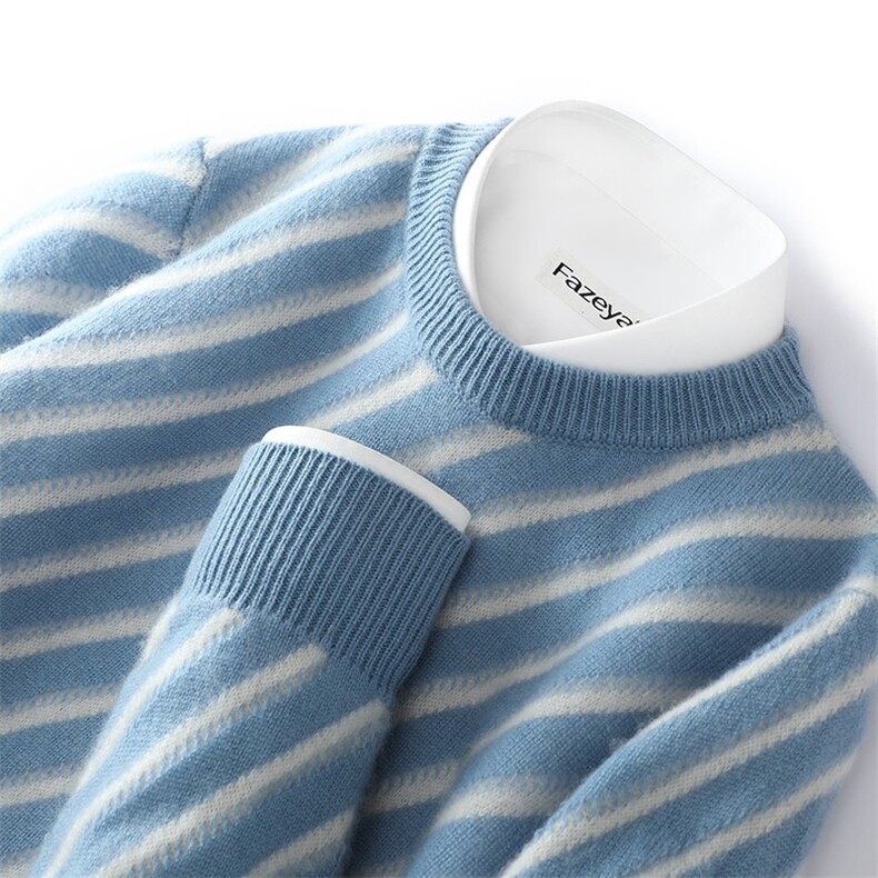 2024年秋季圆领长袖羊毛时尚都市套头条纹针织衫，男装羊毛衫，德晨羊绒