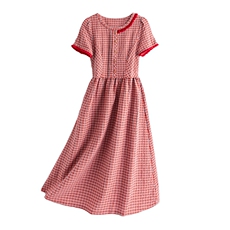 淑女风格纹连衣裙女春夏收腰显瘦中长裙格子裙子，女装连衣裙，水衣源