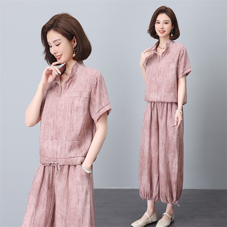 妈妈夏季天丝套装女2025新款时尚休闲宽松洋气减龄显瘦遮肉两件套,女装套装/套裙,雪樱依海