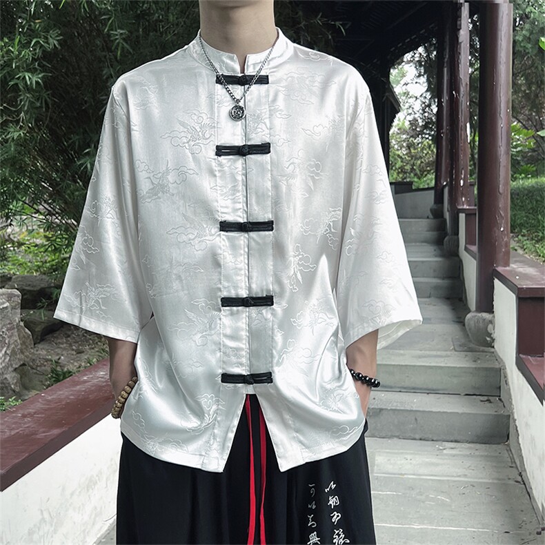 风新中式新款春夏复古冰丝网红立领衬衫CS68-P60,男装衬衫,电商A021