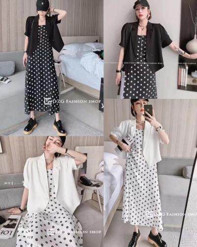 外套波点吊带连衣裙，女装背心吊带，Waves smile