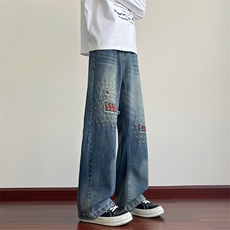 港风秋款男女牛仔裤格子补丁刺绣休闲长裤NK365P55，男装牛仔裤，星座1013-1