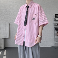 （带领带）CS1132-特P48控78夏新大码刺绣短袖条纹衬衫男学院风，男装T恤，电商A059