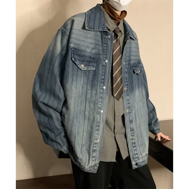 美式水洗牛仔外套男潮牌ins设计感工装条纹夹克高街翻领JK554-P69,男装夹克,星座1008