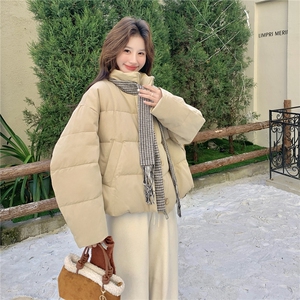 卡其色立领格纹拼接短款羽绒服女冬高级感设计感面包服外套图片