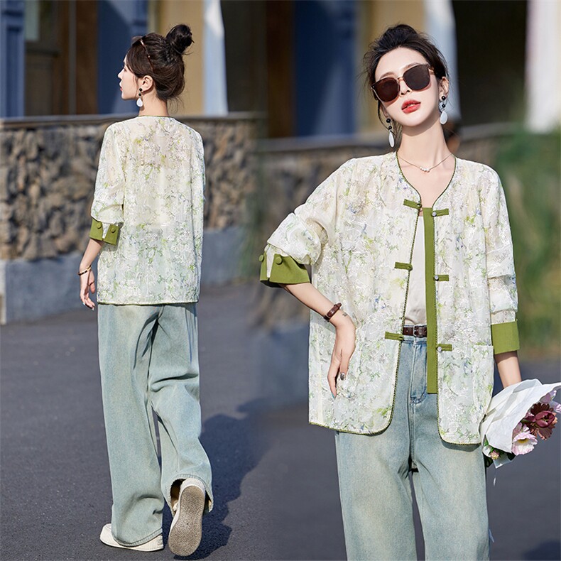 欧货新中式轻国风外套女2024春夏新款圆领盘扣印花刺绣薄款防晒衣，女装短外套，星期衣