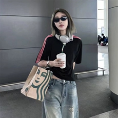 抖音得物品质二开240克宽松纯棉美式潮牌印花三条杠中性风短袖T恤，男装T恤，电商A486-1
