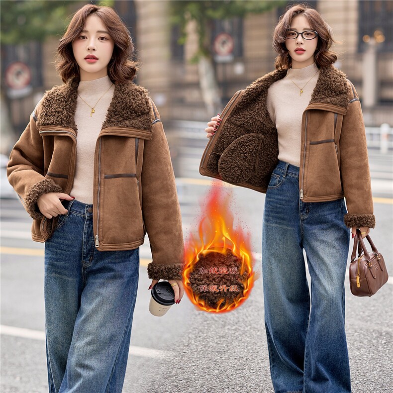 9108时尚温暖皮毛一体外套,女装羊羔毛/颗粒绒,依路服饰