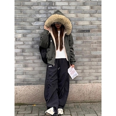 现货重磅boxy短款棉衣座山雕大毛毛领男女棉服水洗工装厚外套，男装棉衣，电商A486