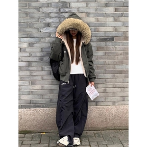 现货重磅boxy短款棉衣座山雕大毛毛领男女棉服水洗工装厚外套图片