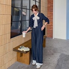 深蓝色法式气质蝴蝶结牛仔套装女2025秋季淡人短外套阔腿裤两件套，女装套装/套裙，2C108
