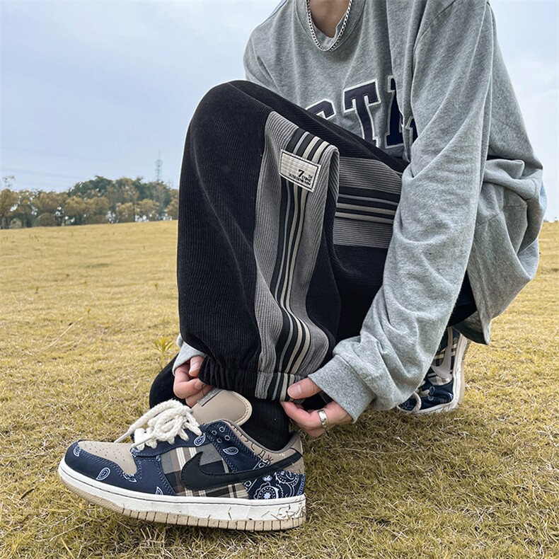 灯芯绒裤子潮ins高街男春秋季胖子大码美式侧边条纹束脚运动卫裤,男装休闲裤,电商C305A