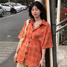 原宿简约日系日系复古格子衬衫女夏季多巴胺潮无品牌潮流ins新款，男装衬衫，星座506A