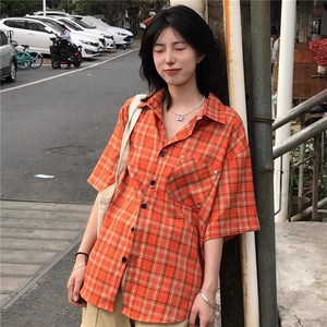 原宿简约日系日系复古格子衬衫女夏季多巴胺潮无品牌潮流ins新款图片