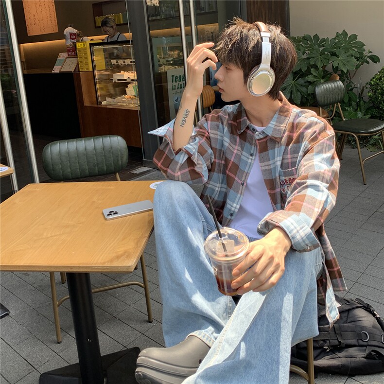 B413-1-DX868美式潮牌格子长袖衬衫宽松百搭休闲衬衣情侣绣花外套,男装衬衫,电商B413-1