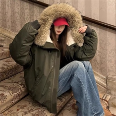 大毛领派克服棉衣女冬季军绿色韩系高级感小个子复古宽松棉服外套，男装棉衣，星座506A