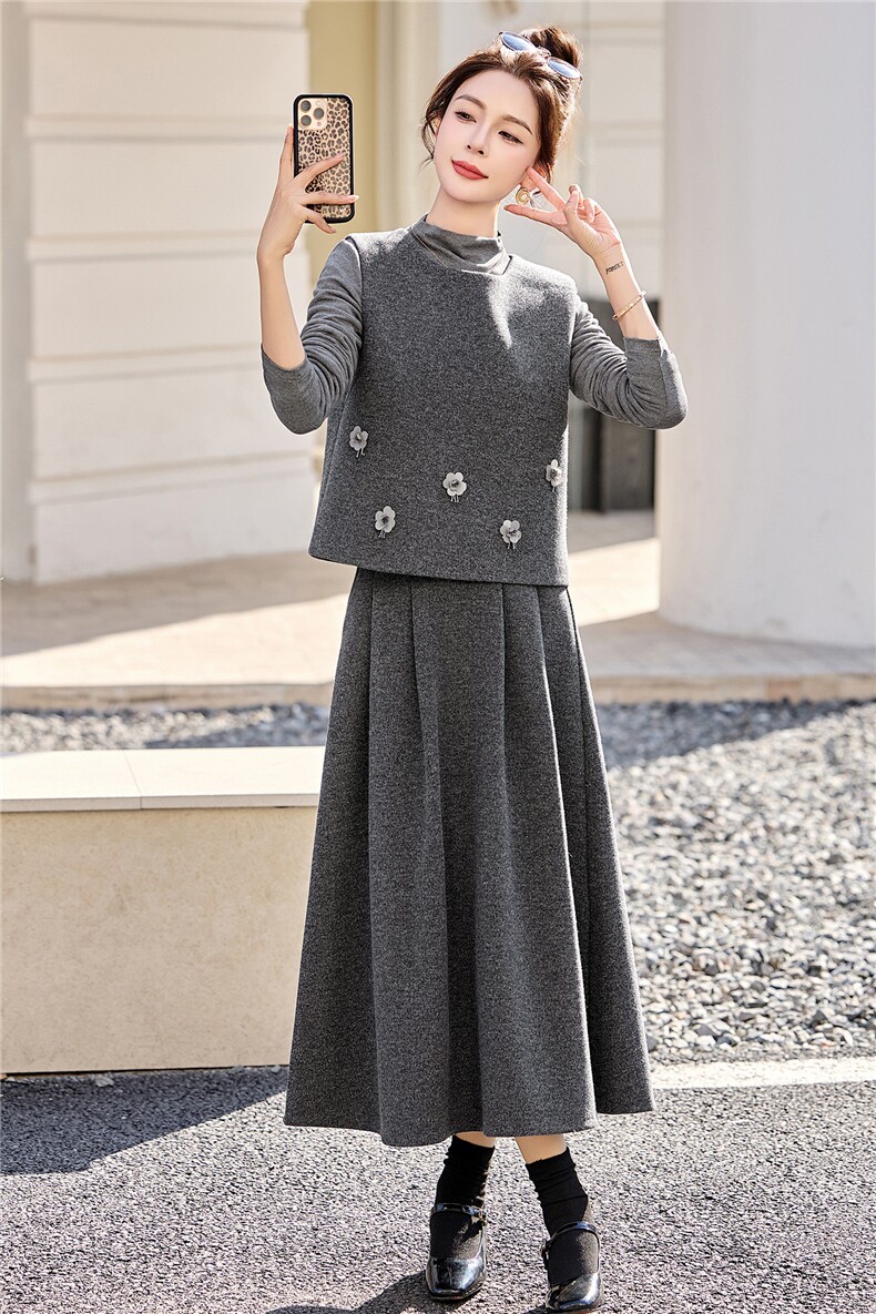 DLM2026春装新款毛呢马甲A版立体定花朵半身裙三件套装洋气套裙,女装套装/套裙,朵莱米