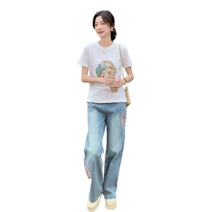 【现货】2025春夏新款新中式重工刺绣白T+风牛仔裤套装图片