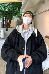 JK6002/P80秋装假两件男士抽绳夹克风衣男潮流宽松大码上衣男装图片