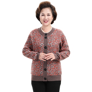 加厚羊毛衫女士中老年花色毛衣宽松针织外套秋冬开衫图片