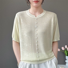 夏季新款时尚气质百搭简约女士小V带扣天丝短袖，女装T恤，秋虹羊绒