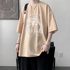 YT26374-P30亚麻短袖t恤男大码五分袖男宽松七分袖大皂风模特，男装T恤，电商A040