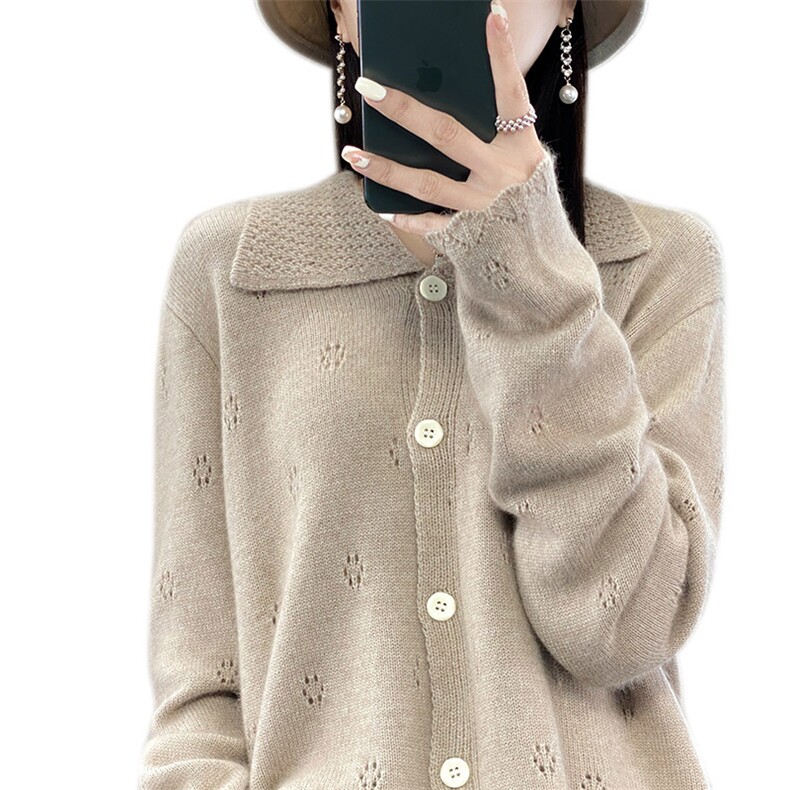 POLO领提花100%纯羊毛开衫女2025秋冬新款宽松慵懒羊绒衫针织外套,女装羊毛衫,琳尚羊绒