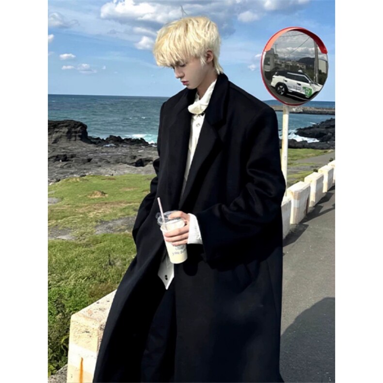 706-1-MN9092-P100特P现货冬季黑色毛呢大衣慵懒风加厚外套,男装毛呢大衣,星座706-1