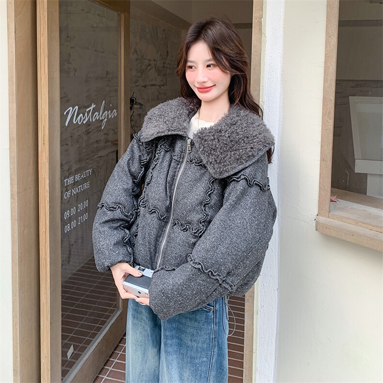 灰色羊羔毛翻领烫钻羽绒服女2025年冬季小个子加厚保暖白鸭绒外套,女装羽绒服,2C110