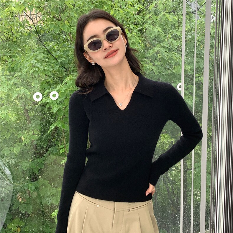 2025秋冬百搭时尚简约v领polo针织衫长袖针织衫,女装羊绒衫,玛卡隆羊绒