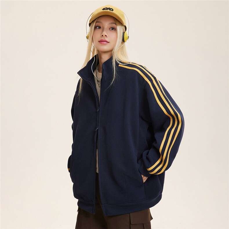 美式复古三条杠立领卫衣外套女设计感宽松拉链开衫上衣，女装短外套，星座1210-1