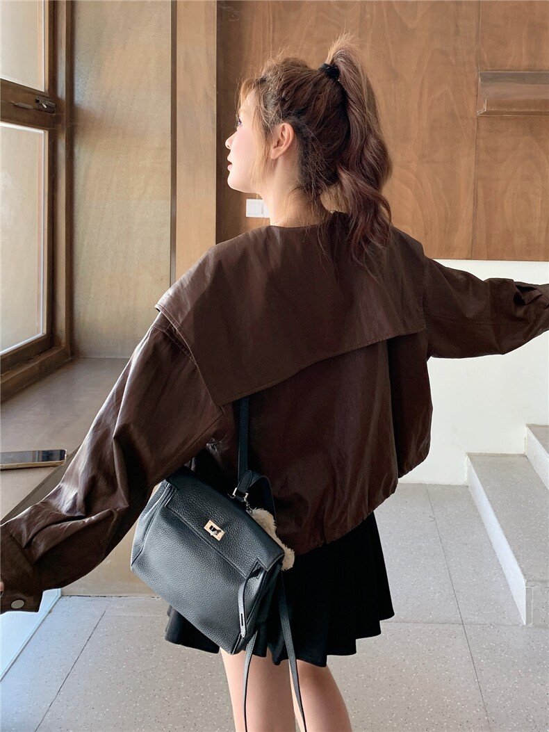 美拉德风娃娃领短款PU皮衣外套女2025年春秋季新款设计感减龄夹克,女装皮衣,蝶眷