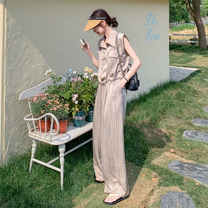 小众设计感纹理薄款衬衫套装女2025夏季新款休闲显瘦阔腿裤两件套图片