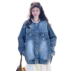 复古破洞花边领牛仔外套2025新款女春秋季设计感休闲独特chic夹克，女装短外套，2C166