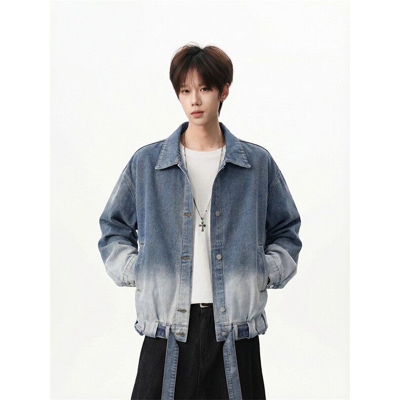 经典渐变做旧牛仔外套宽松翻领纽扣情侣牛仔夹克HY903P75控118,男装工装外套,电商A102B