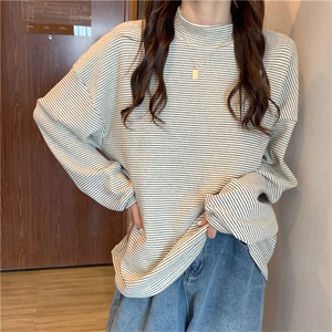 MN1030-P48长袖T恤女ins半高领宽松条纹加厚上衣秋冬