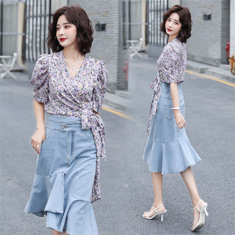 碎花半身裙牛仔套装女夏季2021新款女装韩版时尚网红两件套套裙潮,女装套装/套裙,瑶迪依秀