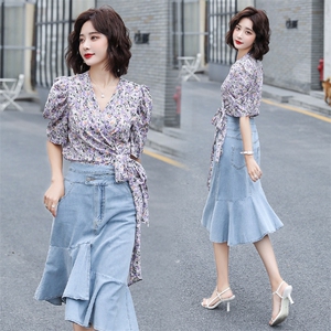 碎花半身裙牛仔套装女夏季2021新款女装韩版时尚网红两件套套裙潮,全套女装搭配平台图片
