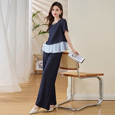 设计感时尚休闲套装女2025夏新款亮片假两件拼接上衣阔腿裤两件套，女装套装/套裙，伊航服饰