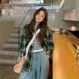 情侣复古撞色显白格子长袖衬衫春夏2025新款开衫上衣insCS002-55图片