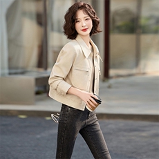 甜酷粉色减龄PU皮衣短外套女2025春季新款小个子翻领工装夹克上衣，女装皮衣，魅丽静蓝