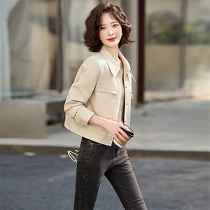 甜酷粉色减龄PU皮衣短外套女2025春季新款小个子翻领工装夹克上衣图片