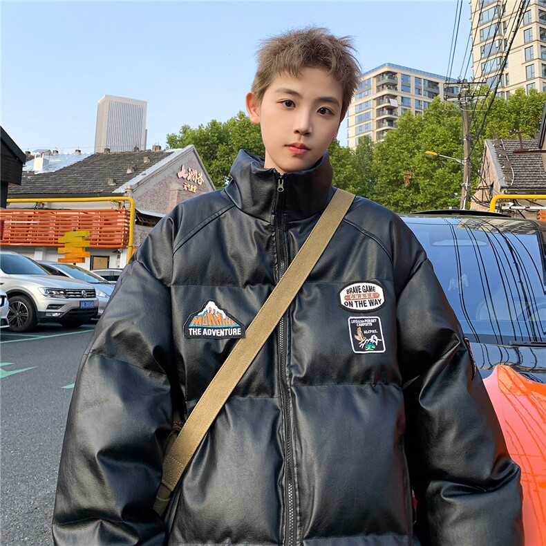 23冬装新款美式复古徽章皮棉服pu情侣棉衣面包服外套男D333P118,男装棉衣,电商A335-1（原A458）