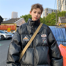 23冬装新款美式复古徽章皮棉服pu情侣棉衣面包服外套男D333P118，男装棉衣，电商A335-1（原A458）