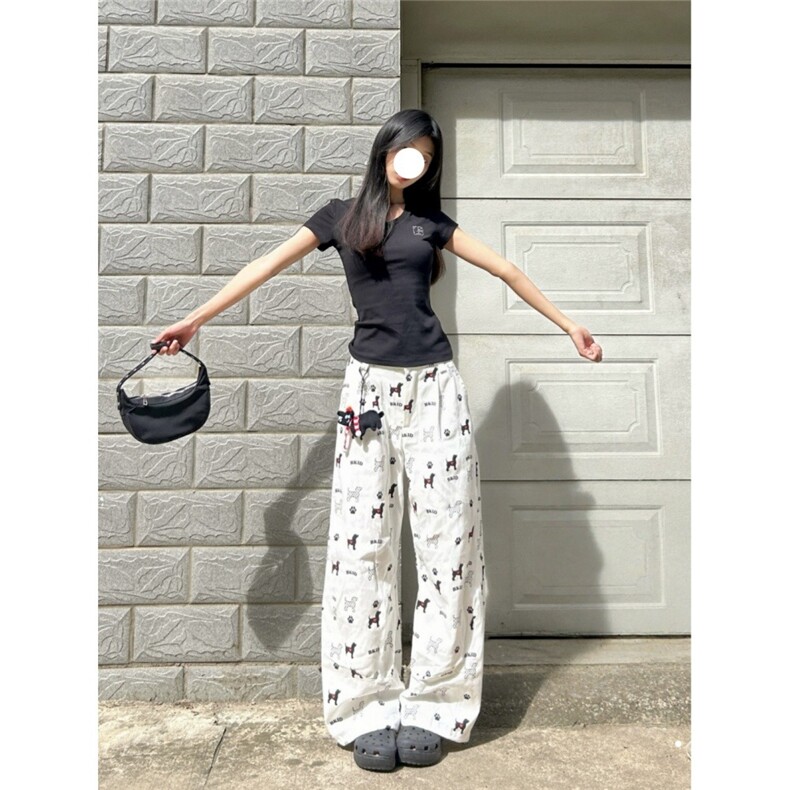 夏季新款美式复古小狗印花阔腿裤男女夏季显瘦垂感弯刀直筒裤，女装休闲裤，星座1210-1