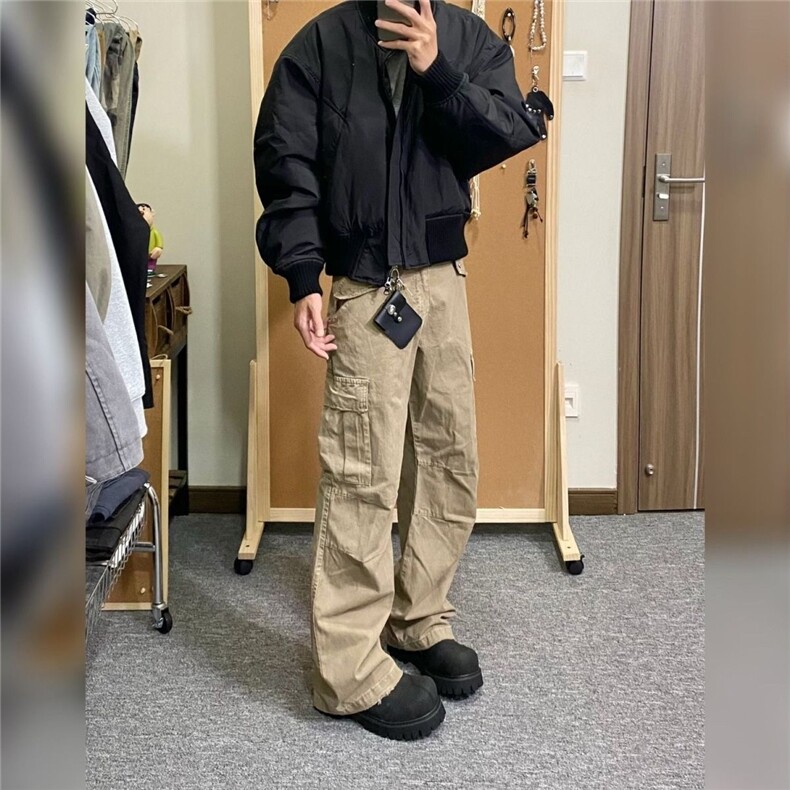 春秋新款美式复古卡其色直筒宽松垂感工装休闲裤cleanfit裤,男装工装外套,星座506A