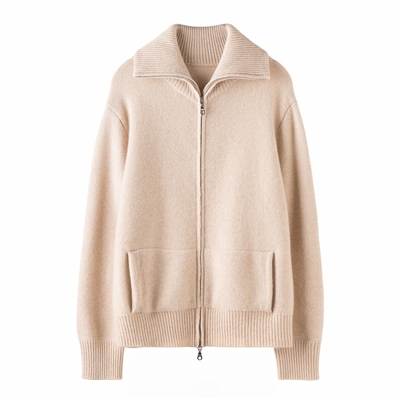 2025秋冬新款女羊绒100纯羊绒重磅加厚开衫翻领羊绒上衣拉链外套，女装羊绒衫，濮尚羊绒